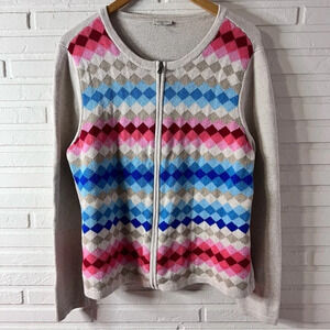 Talbots Colorful Argyle Long Sleeve Zip Up Cardigan Sweater, Women’s Size Large